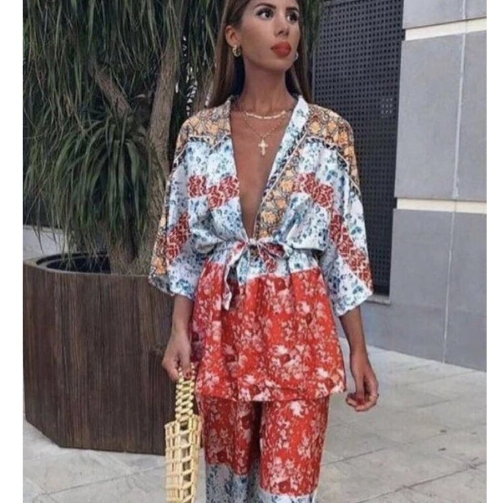 Zara Multicolor Floral Kimono Italian Fabric Belted Beachy Resortwear Size S